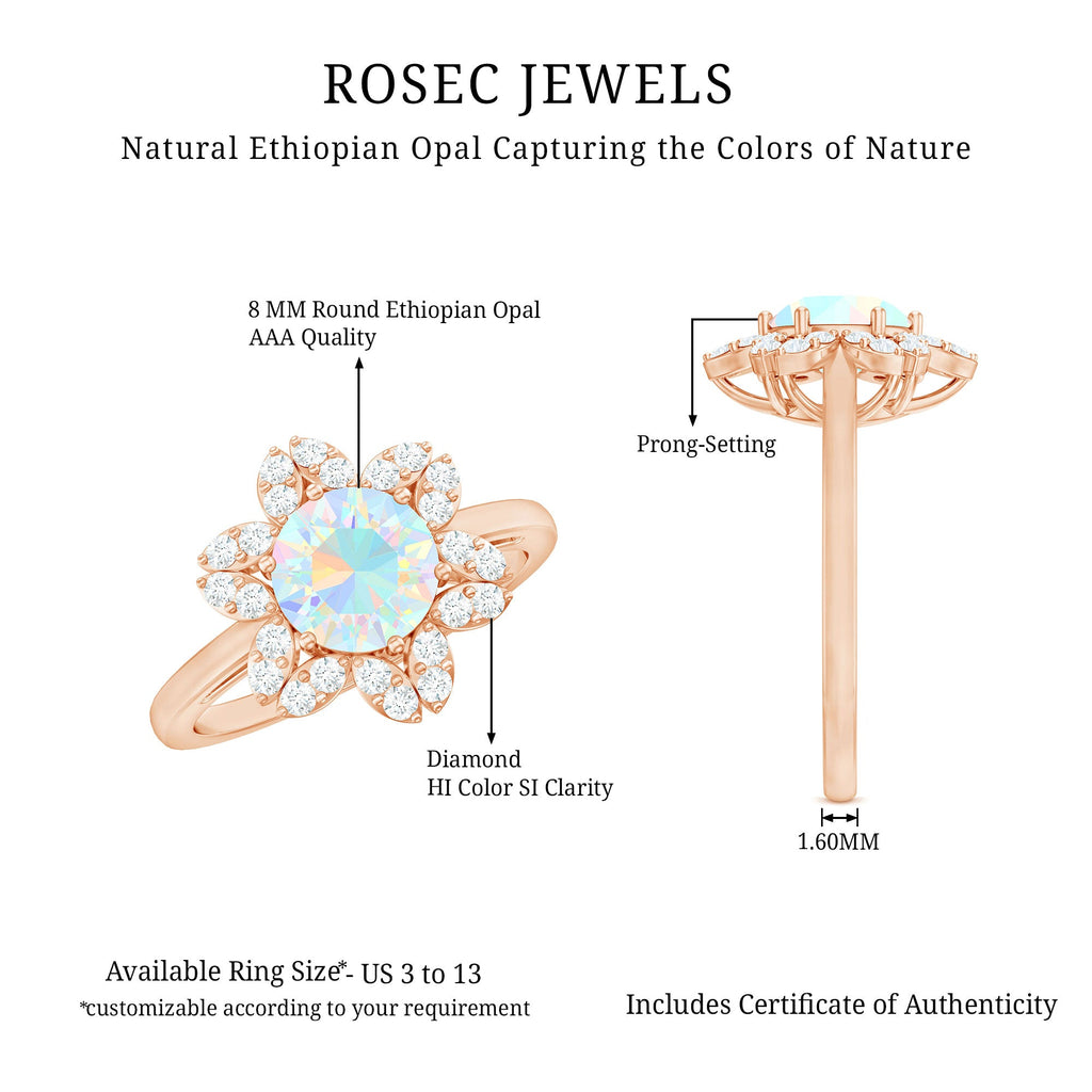 8mm Round Shape Ethiopian Opal Floral Engagement Ring with Diamond