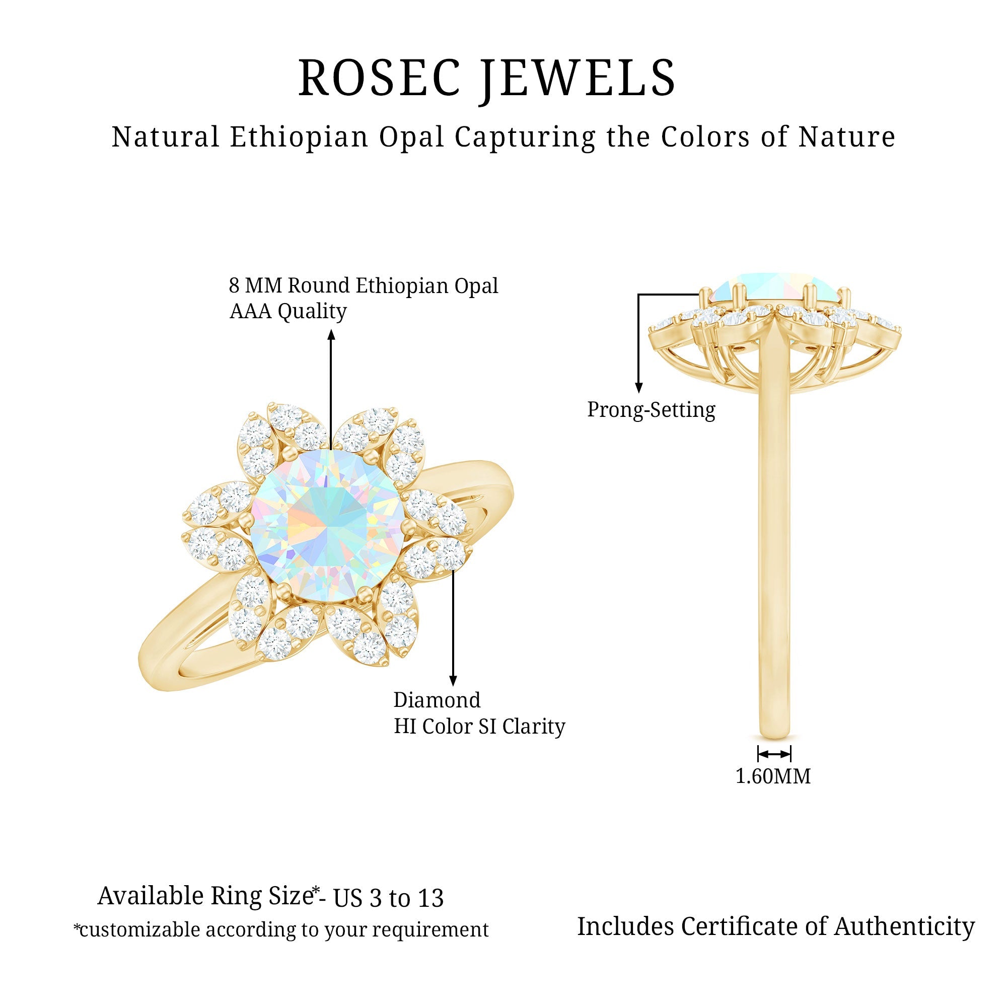 8mm Round Shape Ethiopian Opal Floral Engagement Ring with Diamond