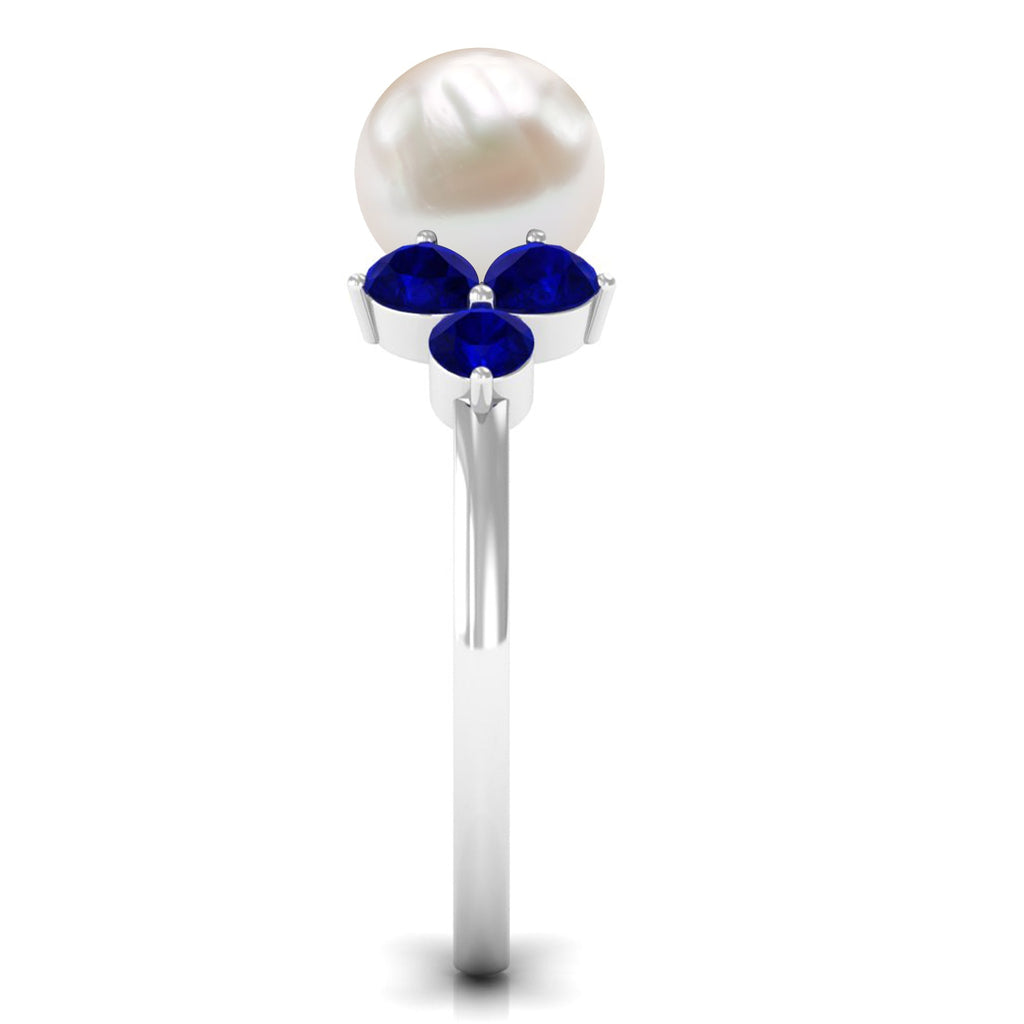 Natural 7.4 Carat Freshwater Pearl Engagement Ring with Blue Sapphire Trio