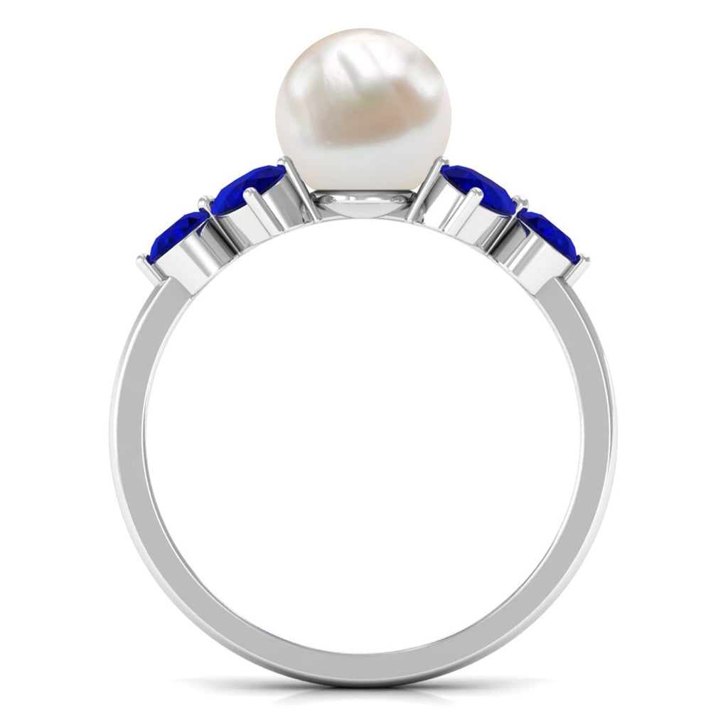 Natural 7.4 Carat Freshwater Pearl Engagement Ring with Blue Sapphire Trio