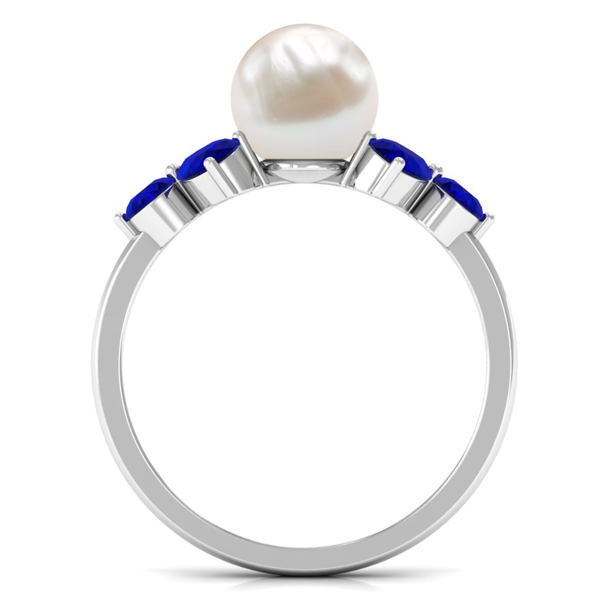 Natural 7.4 Carat Freshwater Pearl Engagement Ring with Blue Sapphire Trio