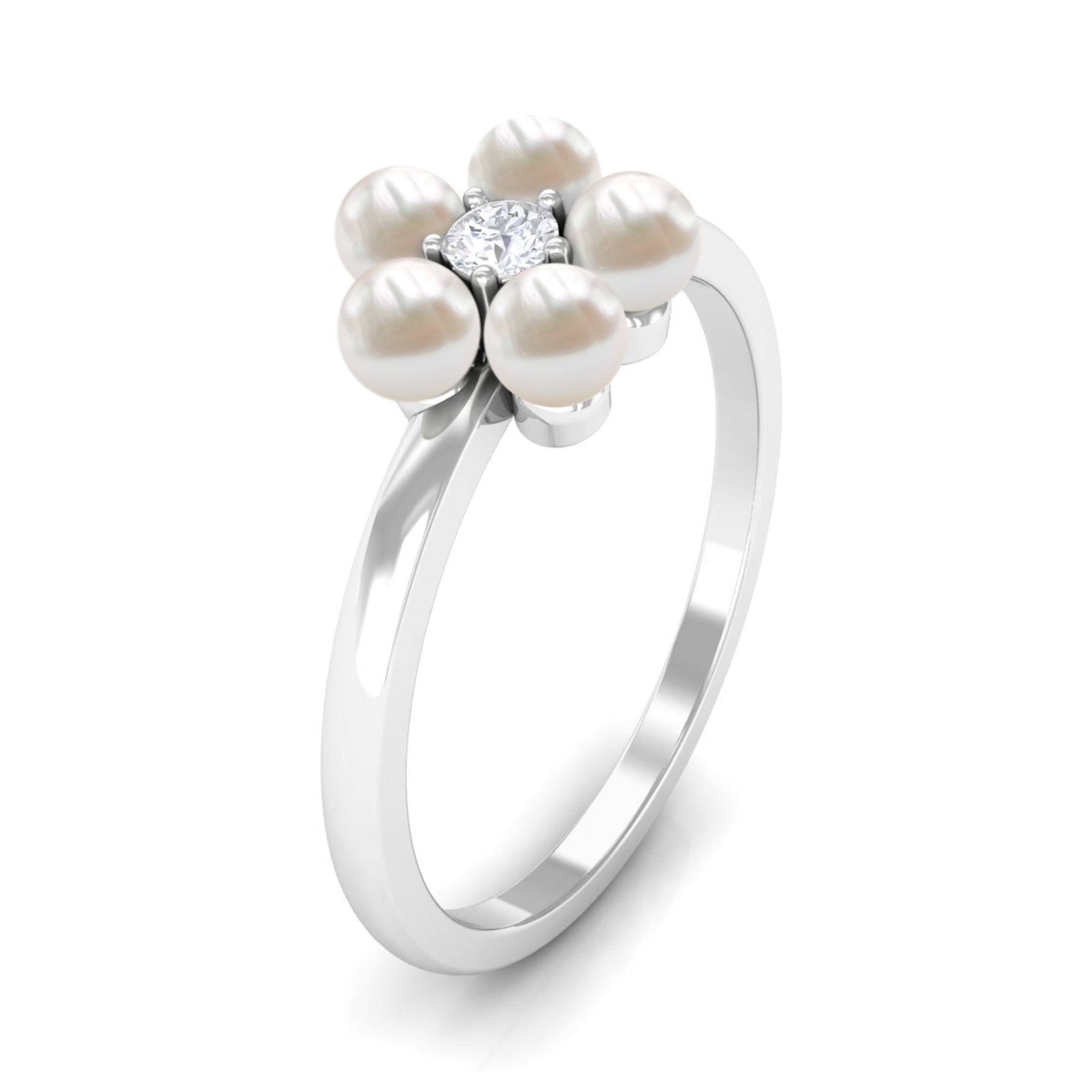 Cultured Freshwater Pearl Flower Promise Ring with Lab Diamond