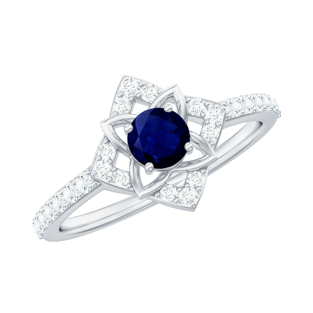 Real Blue Sapphire Diamond Flower Engagement Ring for Women