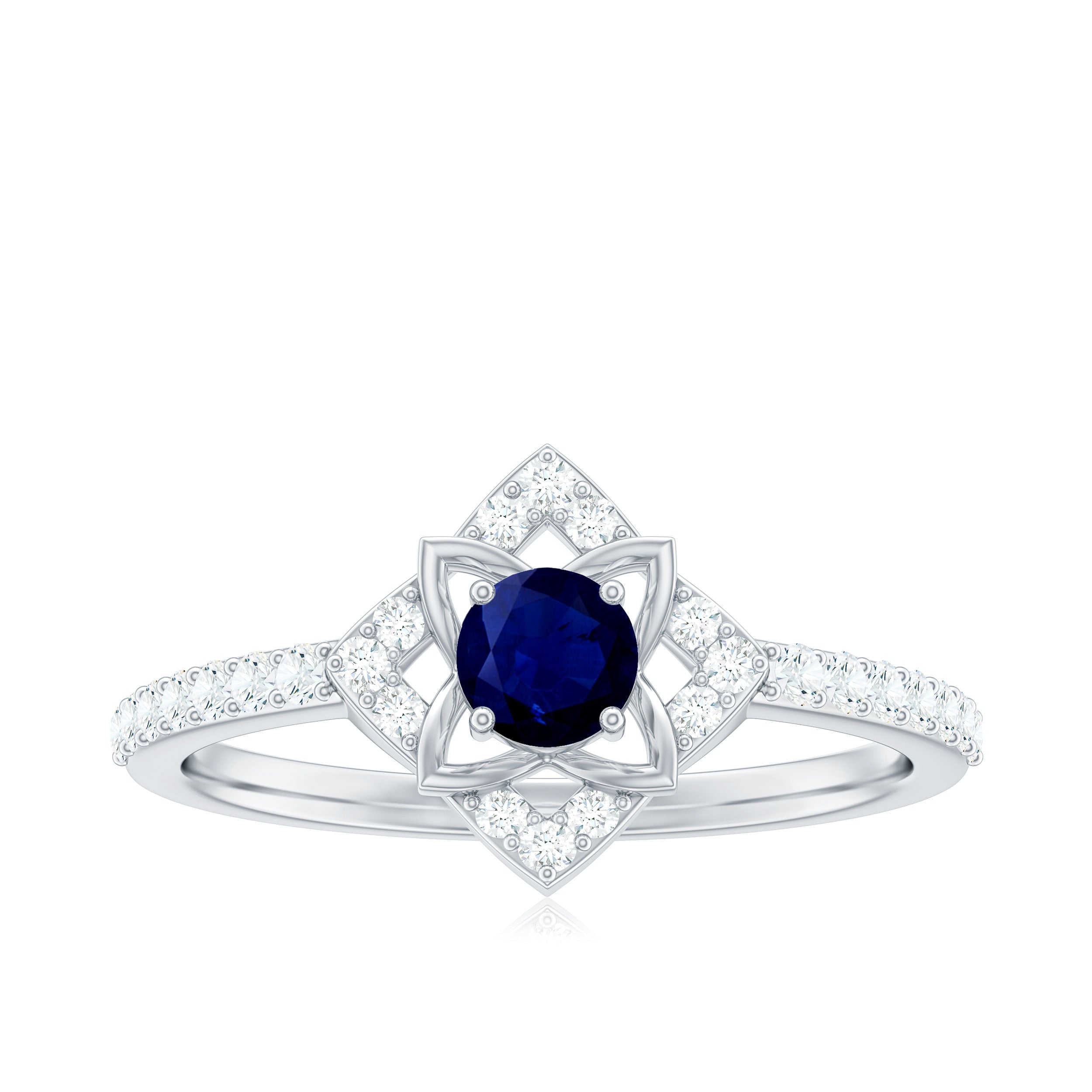 Real Blue Sapphire Diamond Flower Engagement Ring for Women