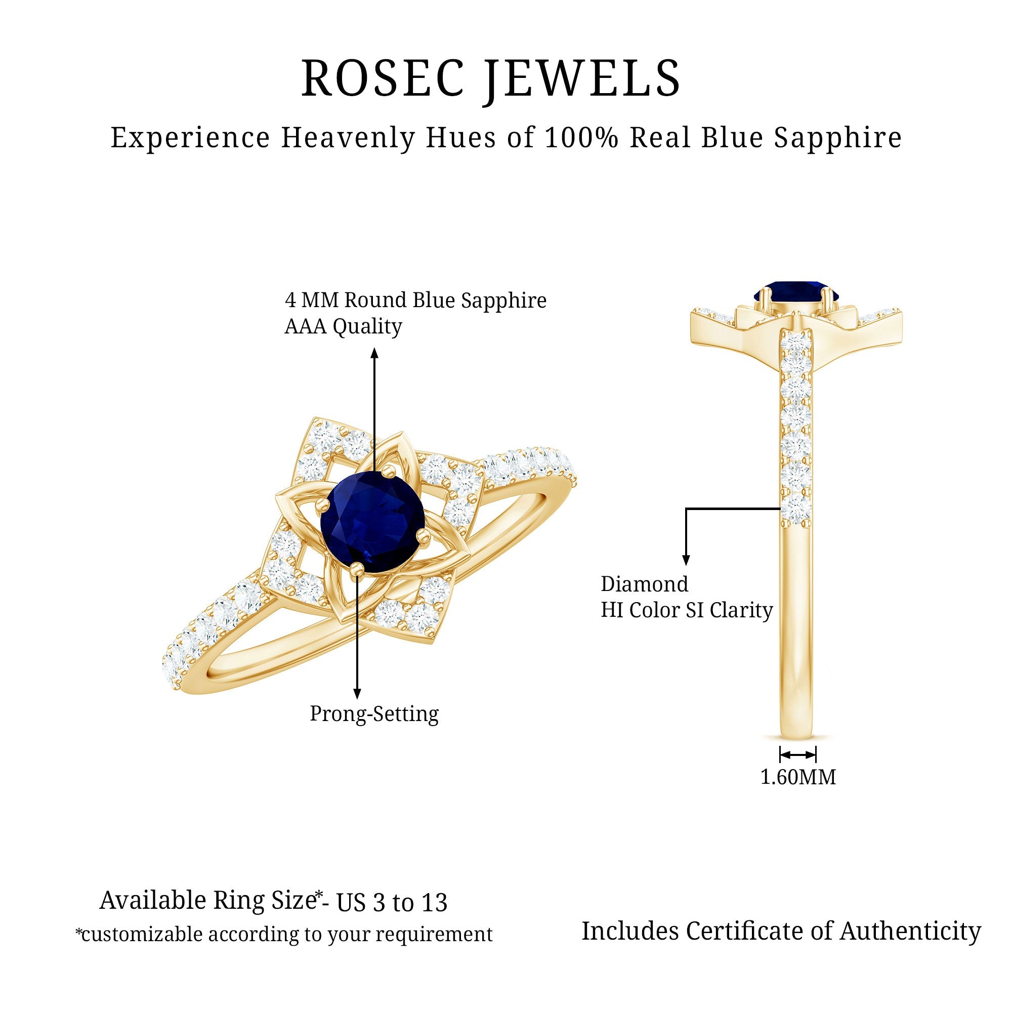 Real Blue Sapphire Diamond Flower Engagement Ring for Women