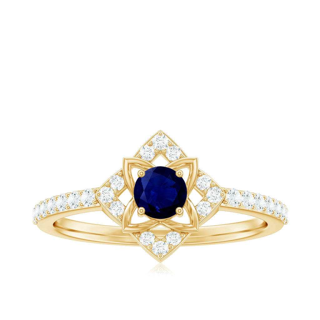 Real Blue Sapphire Diamond Flower Engagement Ring for Women