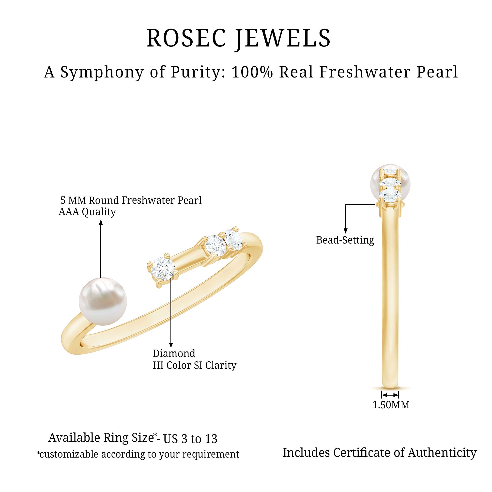 Natural 2 Carat Freshwater Pearl Promise Ring with Diamond