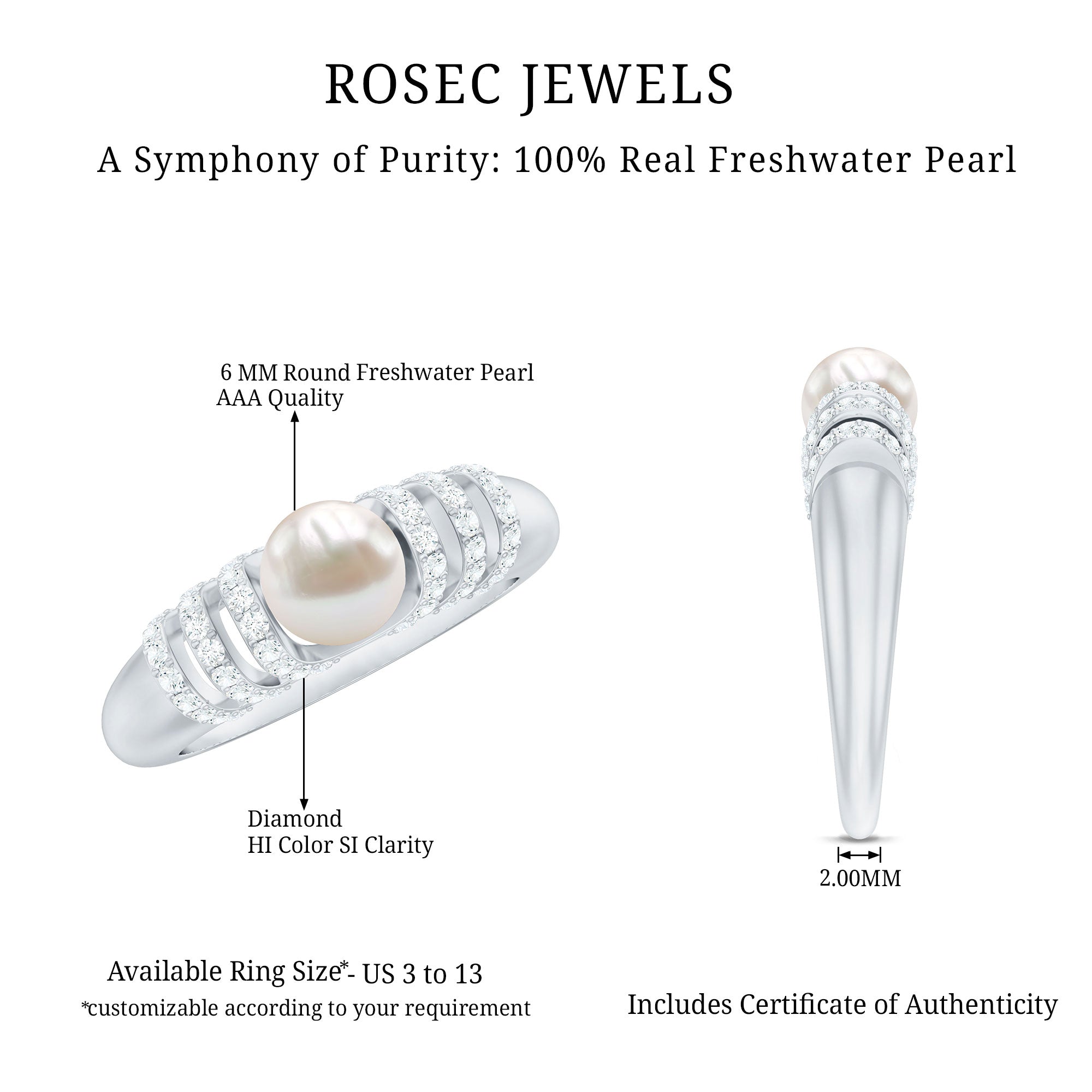 2 Carat Freshwater Pearl Diamond Engagement Ring for Women