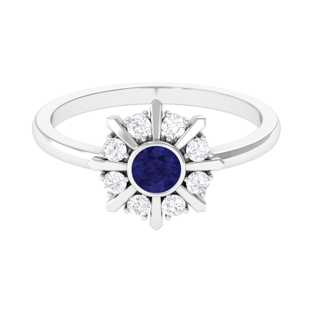 Certified Real Blue Sapphire Flower Promise Ring with Diamond