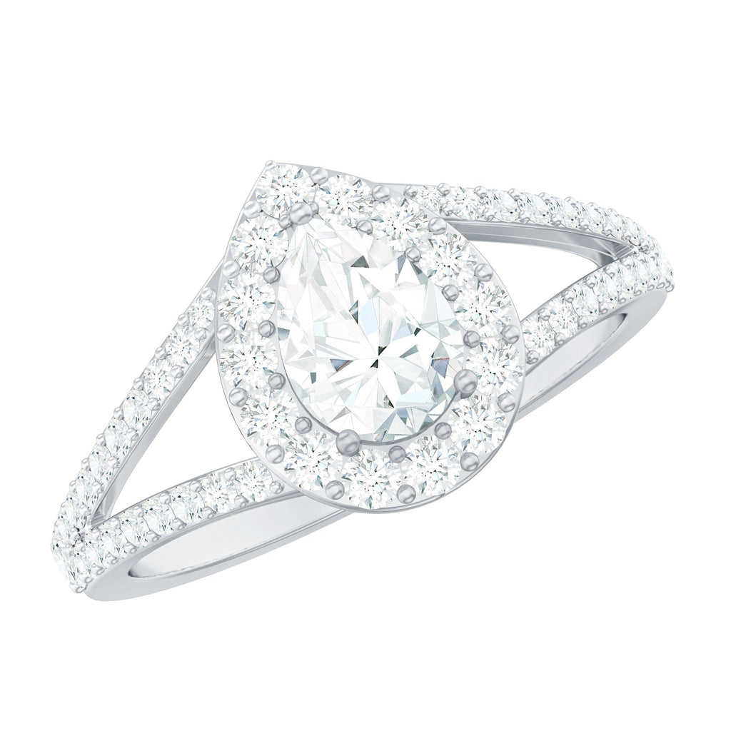 Pear Shape Cubic Zirconia Halo Engagement Ring in Split Shank