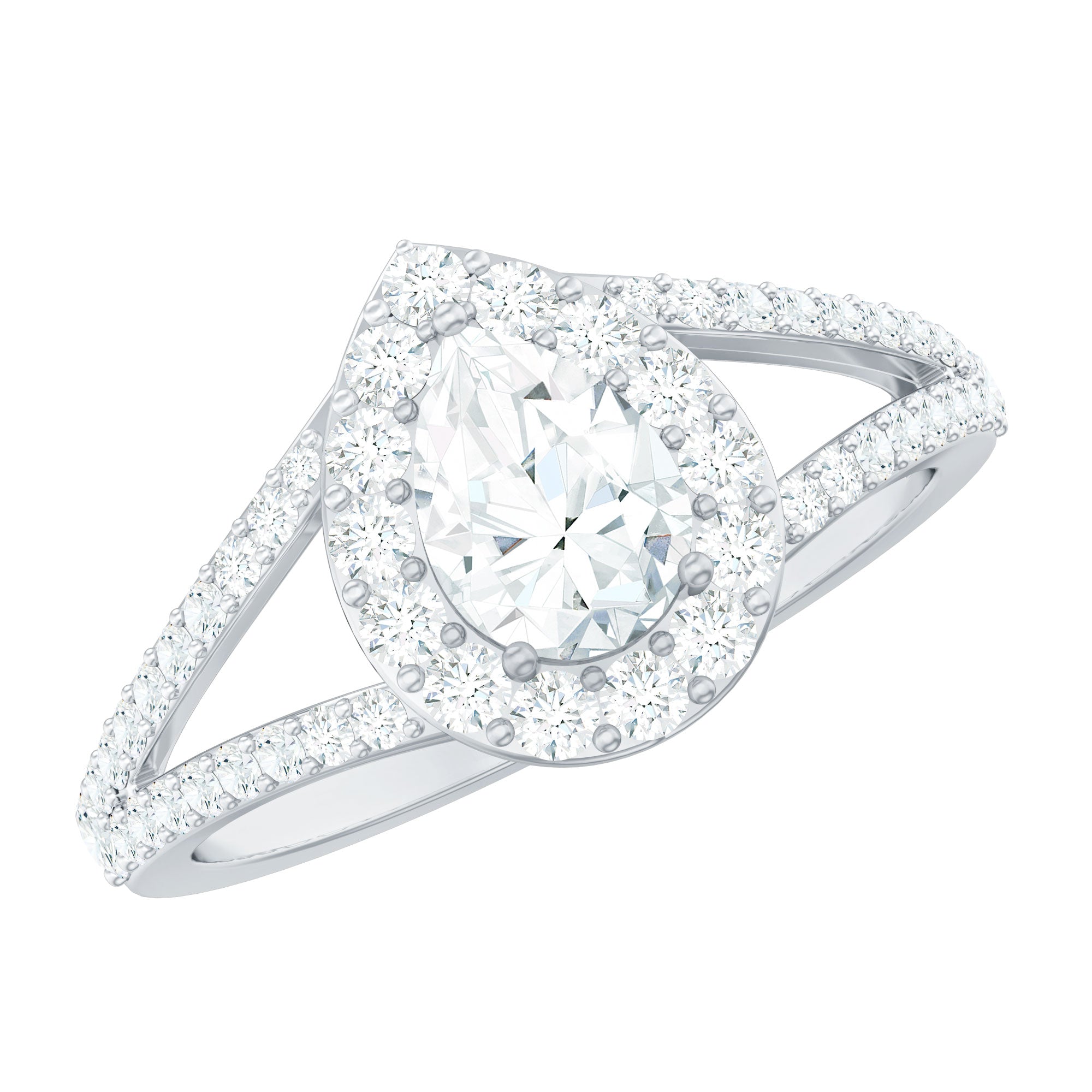 Pear Shape Cubic Zirconia Halo Engagement Ring in Split Shank