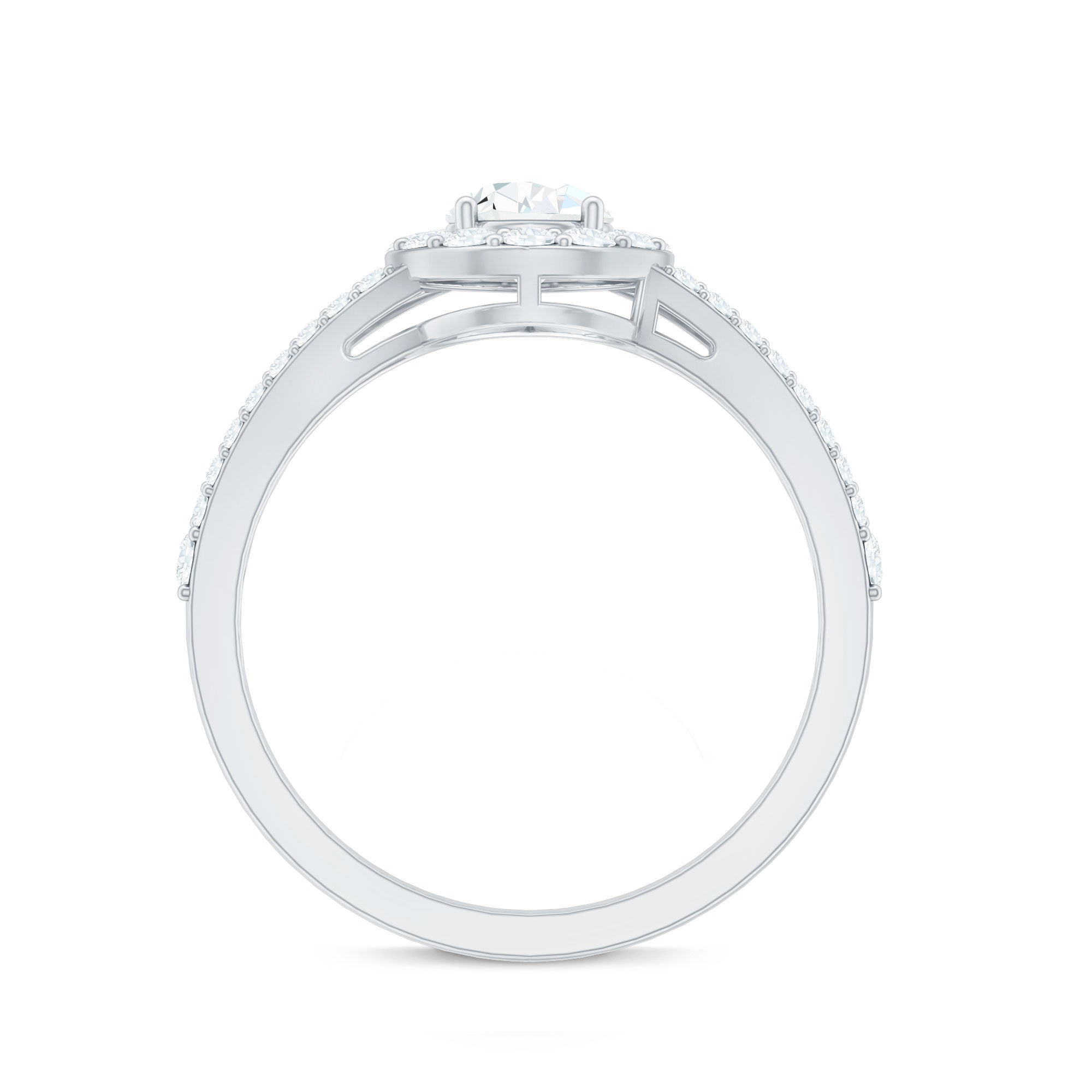Pear Shape Cubic Zirconia Halo Engagement Ring in Split Shank