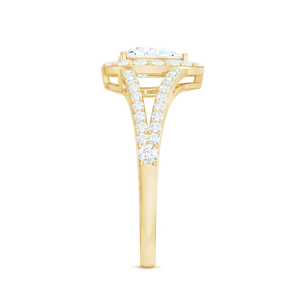 Pear Shape Cubic Zirconia Halo Engagement Ring in Split Shank