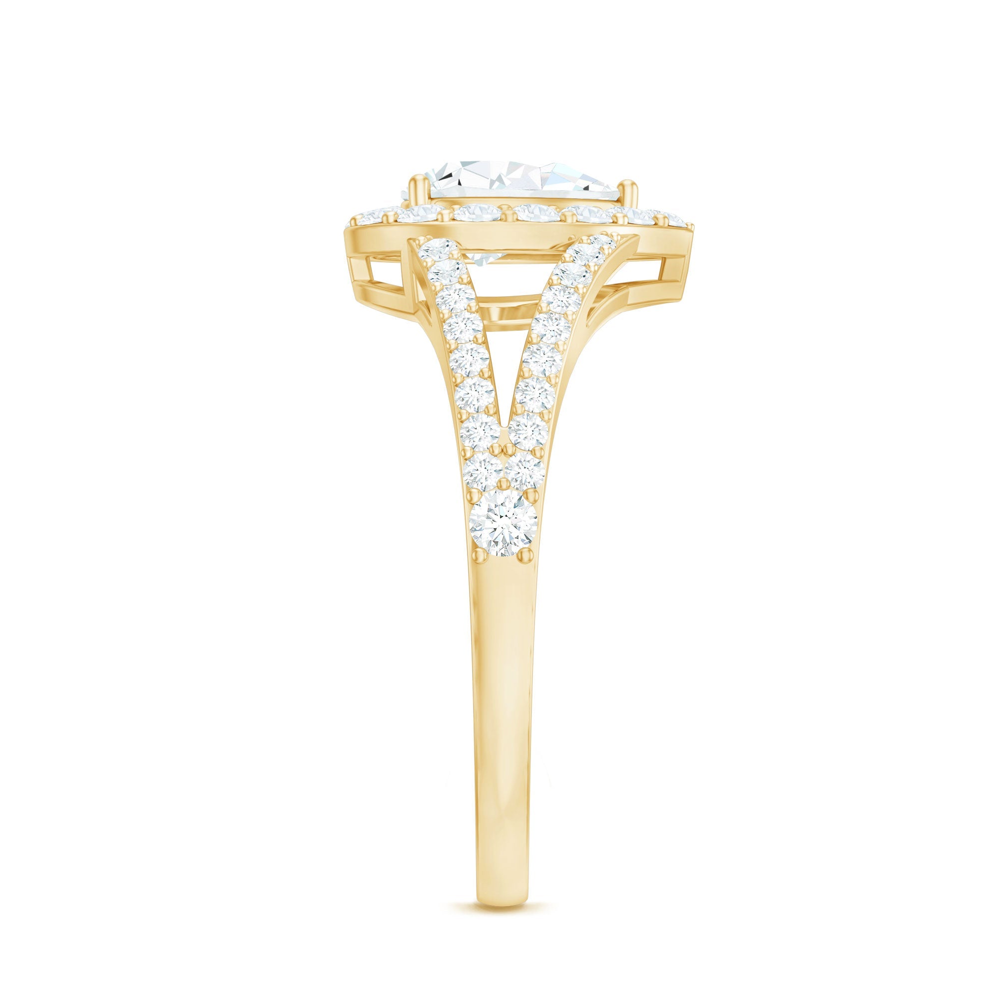 Pear Shape Cubic Zirconia Halo Engagement Ring in Split Shank