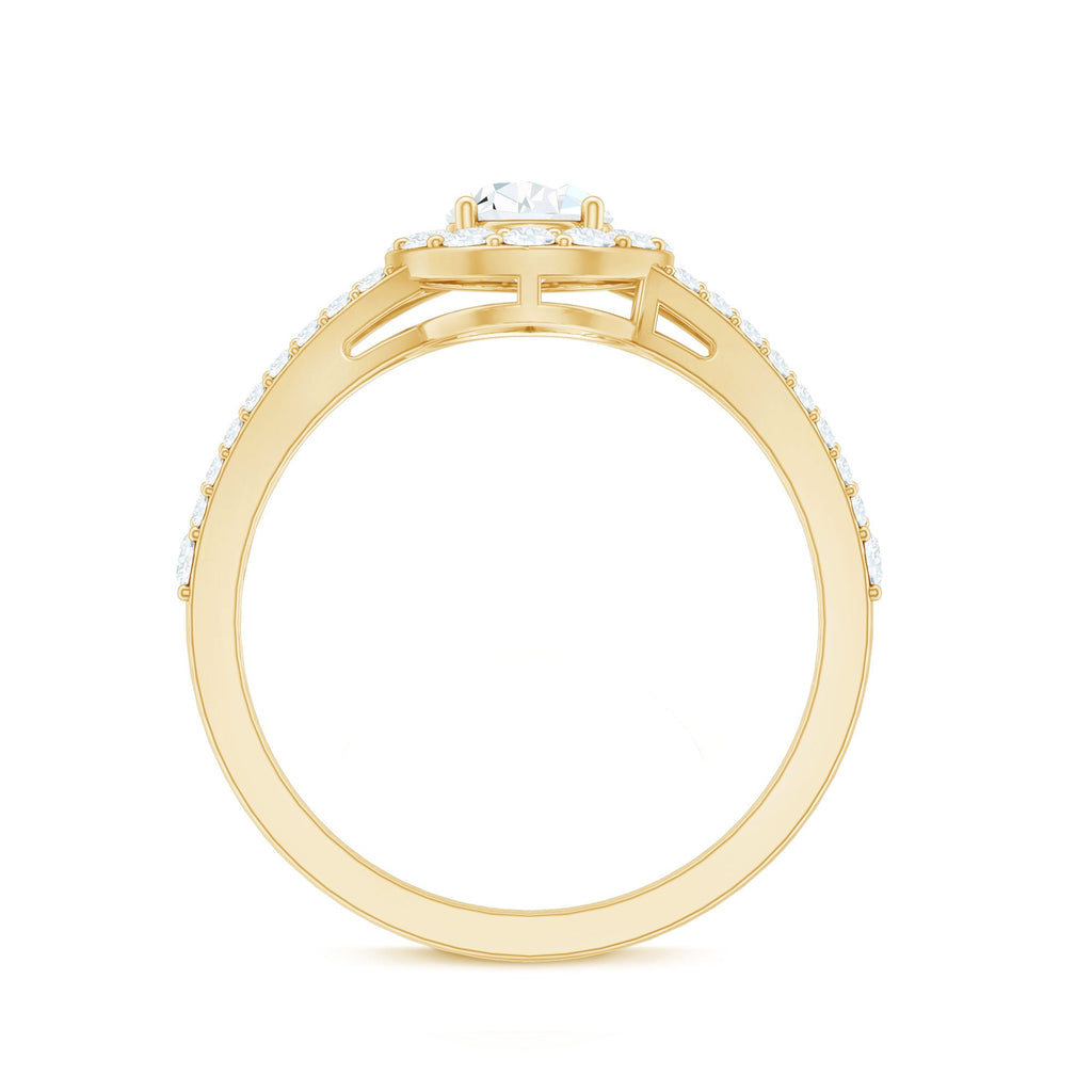 Pear Shape Cubic Zirconia Halo Engagement Ring in Split Shank