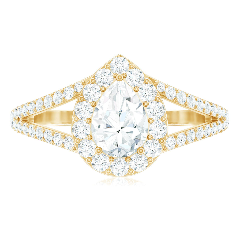 Pear Shape Cubic Zirconia Halo Engagement Ring in Split Shank