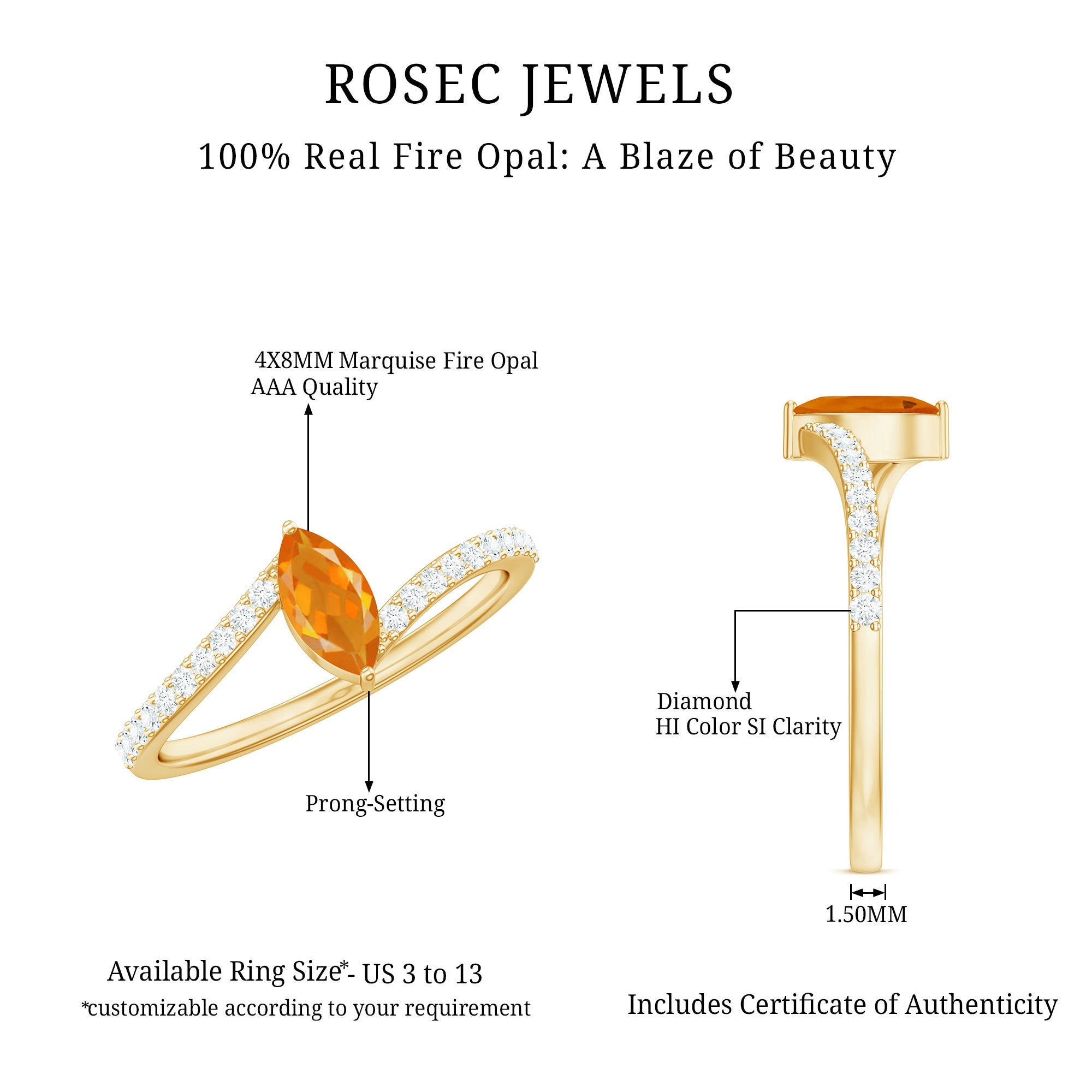 1/2 Ct Bypass Engagement Ring with Fire Opal and Diamond