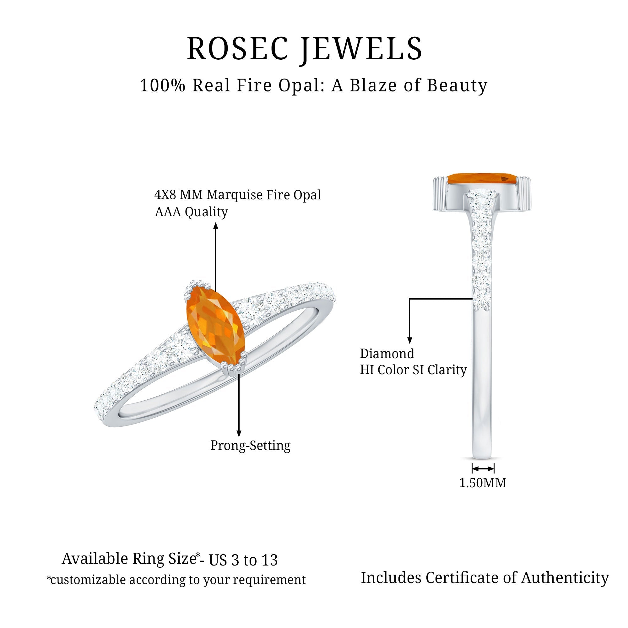 3/4 Carat Marquise Fire Opal Engagement Ring with Diamond