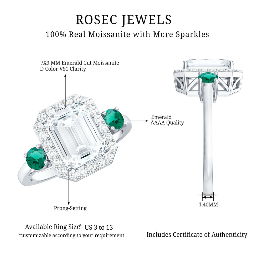 Certified 7X9 mm Moissanite Emerald Cut Engagement Ring with Emerald
