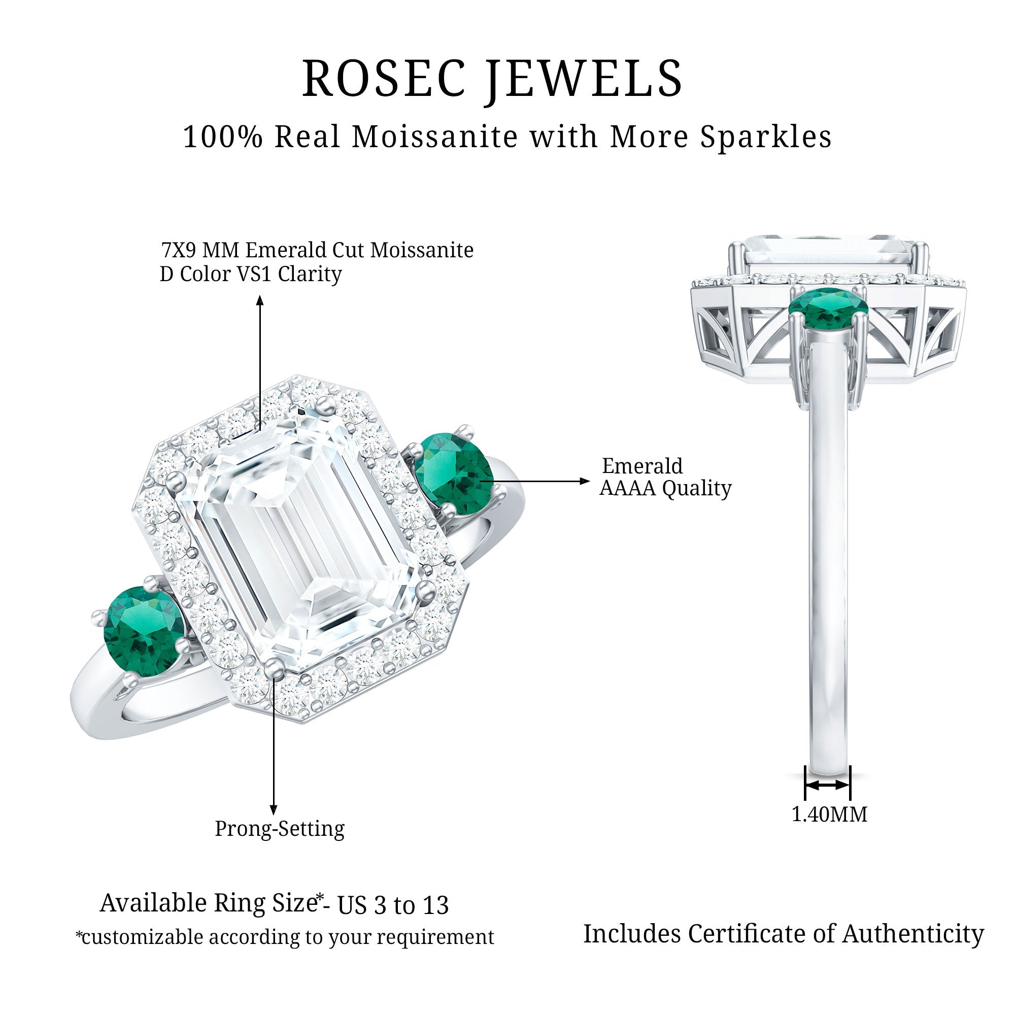 Certified 7X9 mm Moissanite Emerald Cut Engagement Ring with Emerald