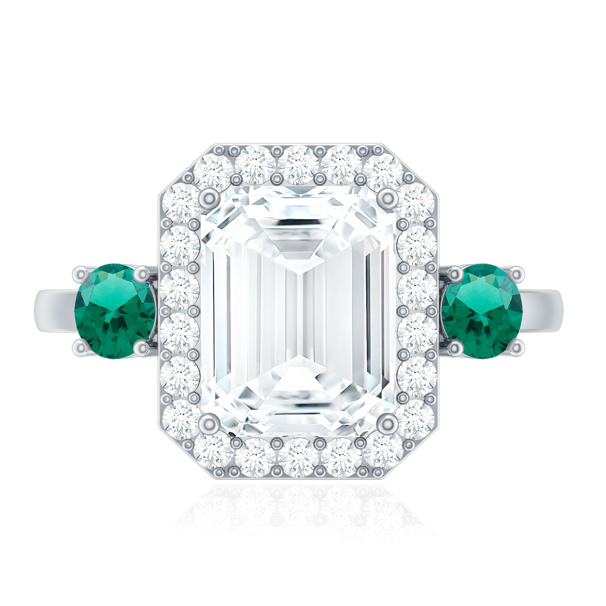 Certified 7X9 mm Moissanite Emerald Cut Engagement Ring with Emerald