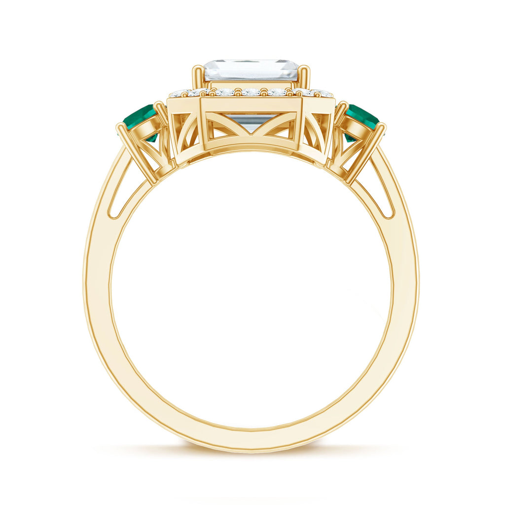 Certified 7X9 mm Moissanite Emerald Cut Engagement Ring with Emerald