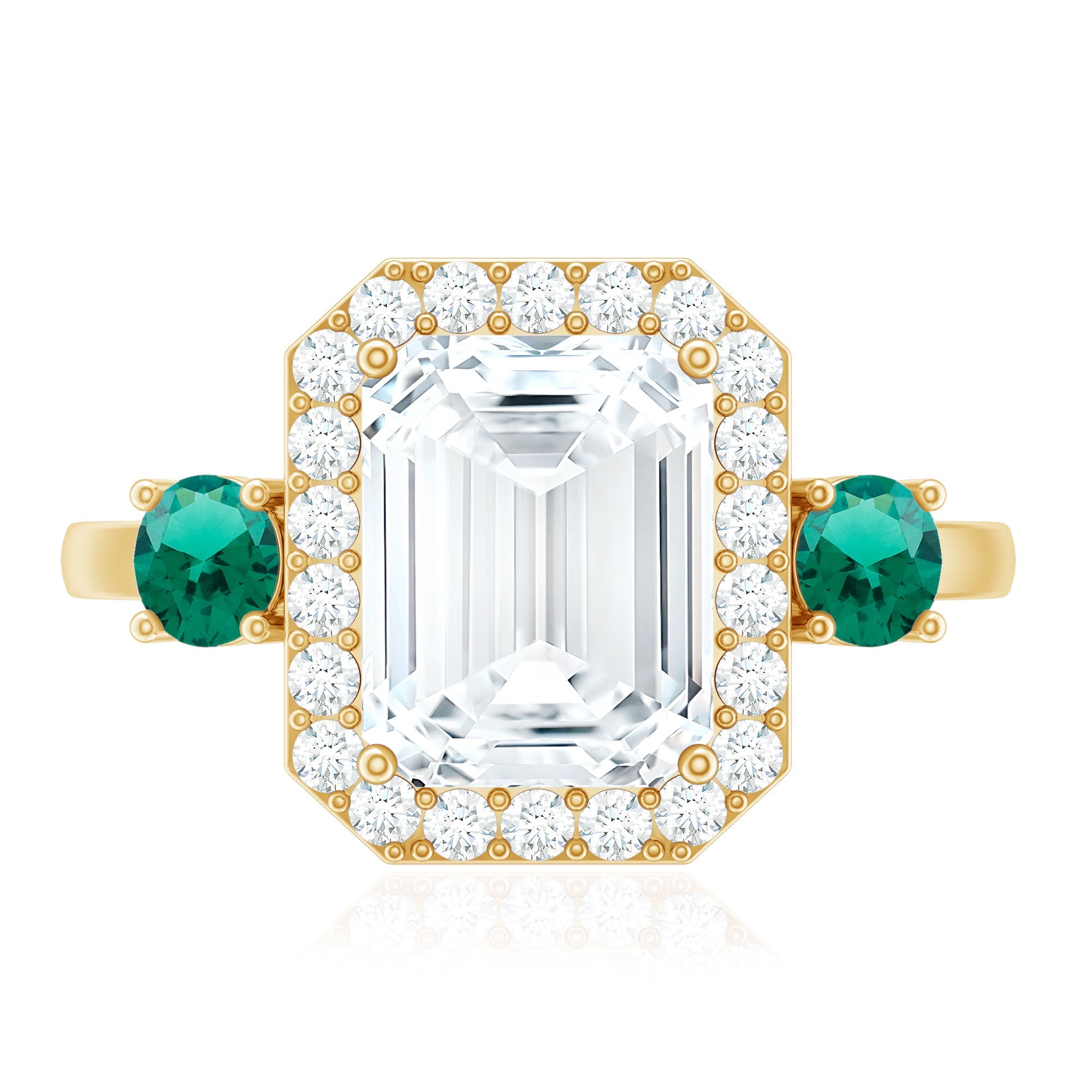 Certified 7X9 mm Moissanite Emerald Cut Engagement Ring with Emerald
