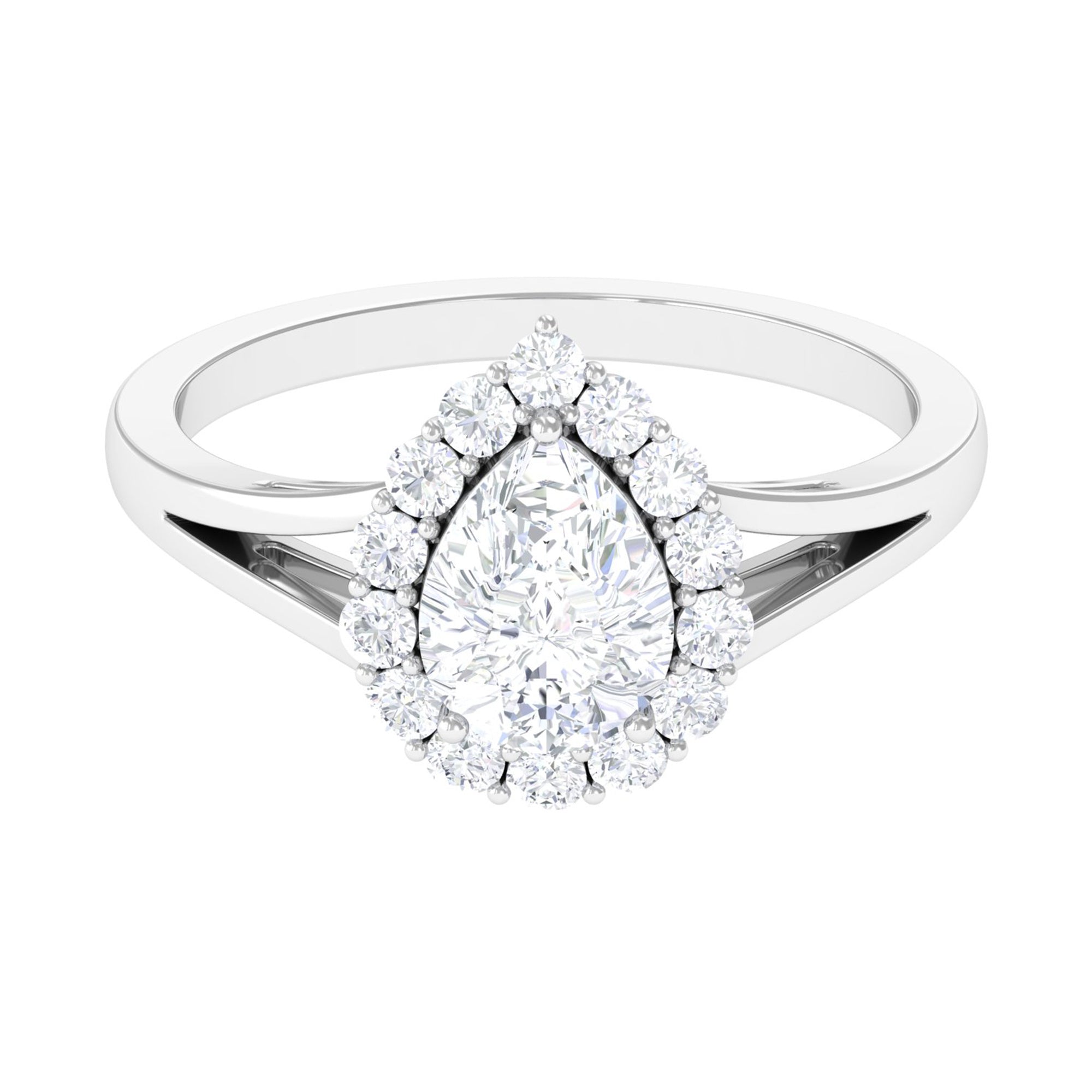 Zircon Pear Halo Engagement Ring with Split Shank