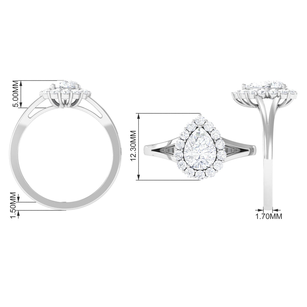 Zircon Pear Halo Engagement Ring with Split Shank