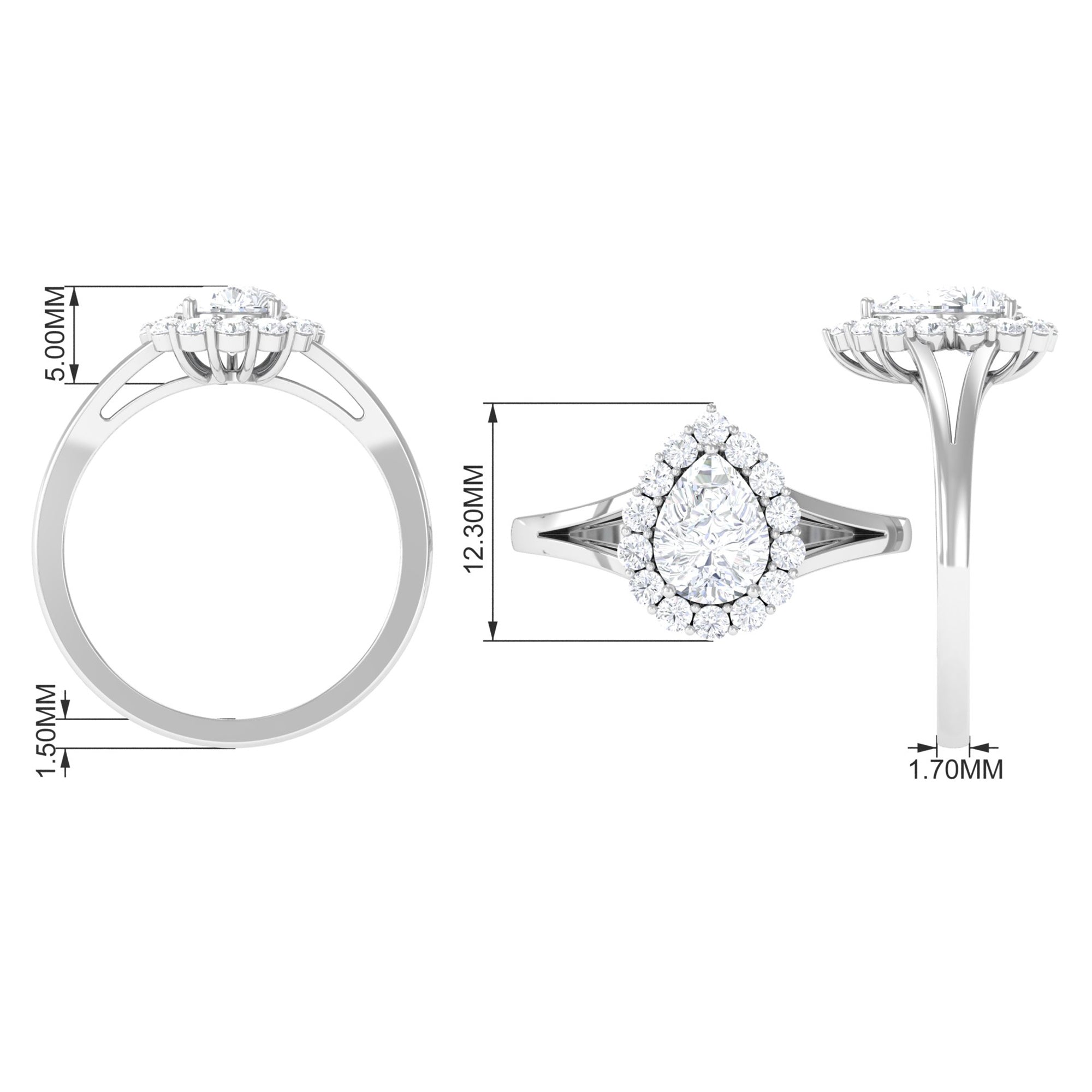 Zircon Pear Halo Engagement Ring with Split Shank