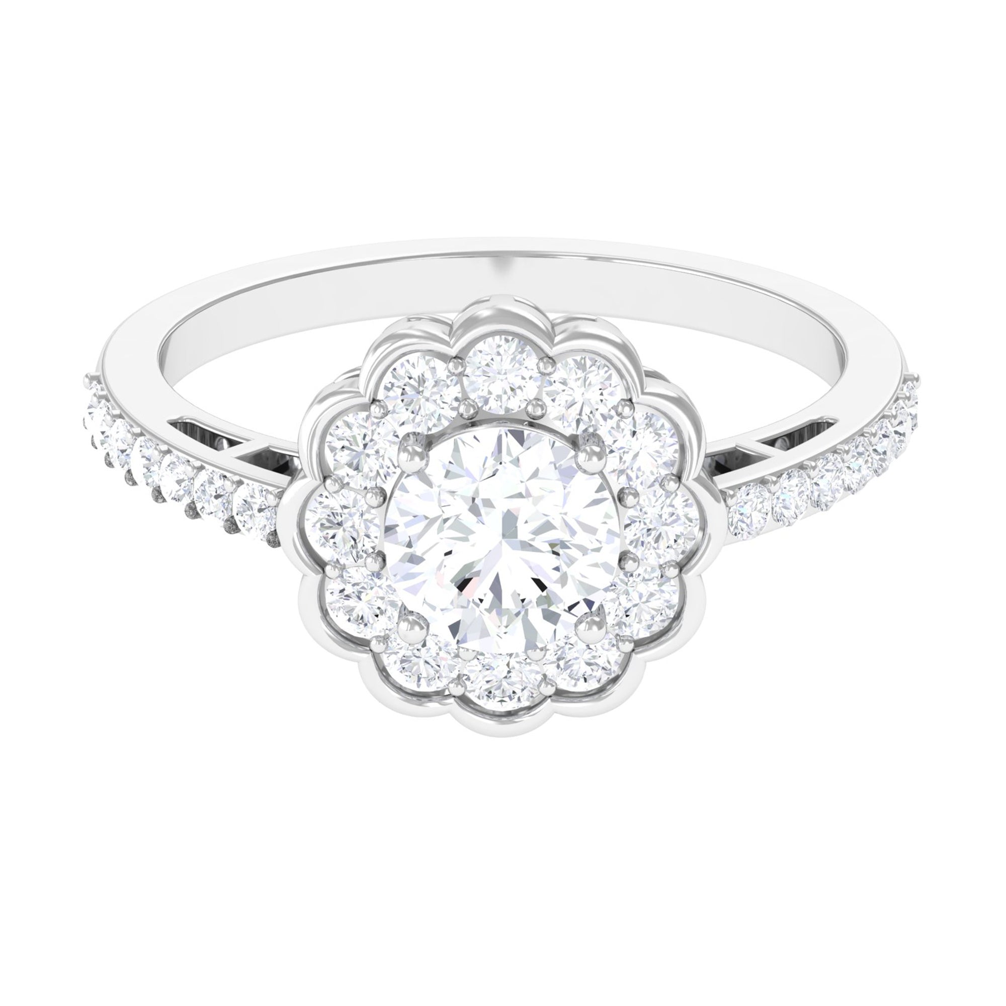 Cubic Zirconia Flower Engagement Ring with Side Stones