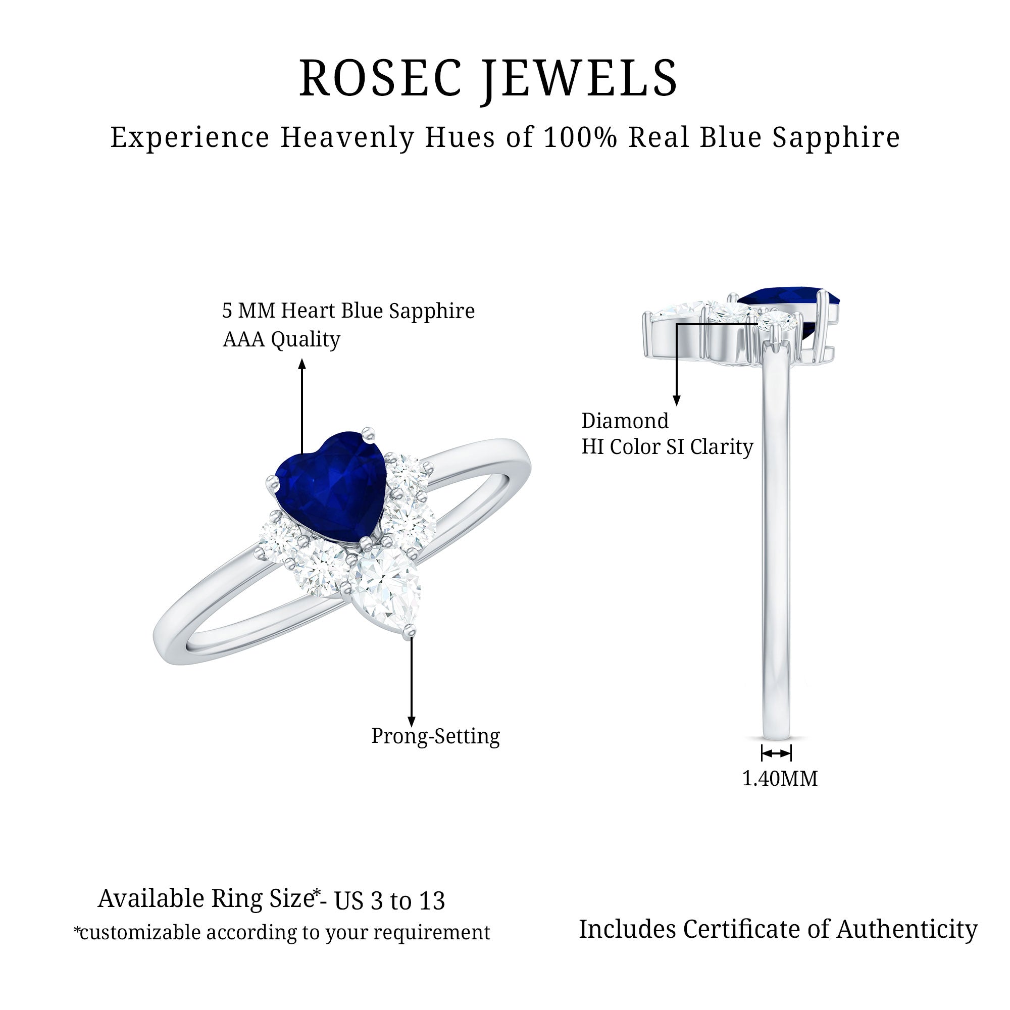 Real 0.6 Carat Heart Shape Blue Sapphire Promise Ring with Diamond
