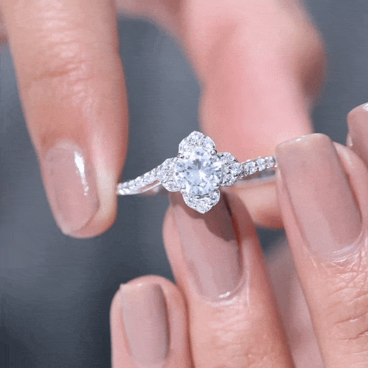 0.9 Carat Round Zircon Flower Engagement Ring in Bypass Shank