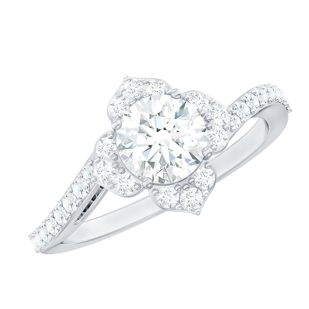 0.9 Carat Round Zircon Flower Engagement Ring in Bypass Shank