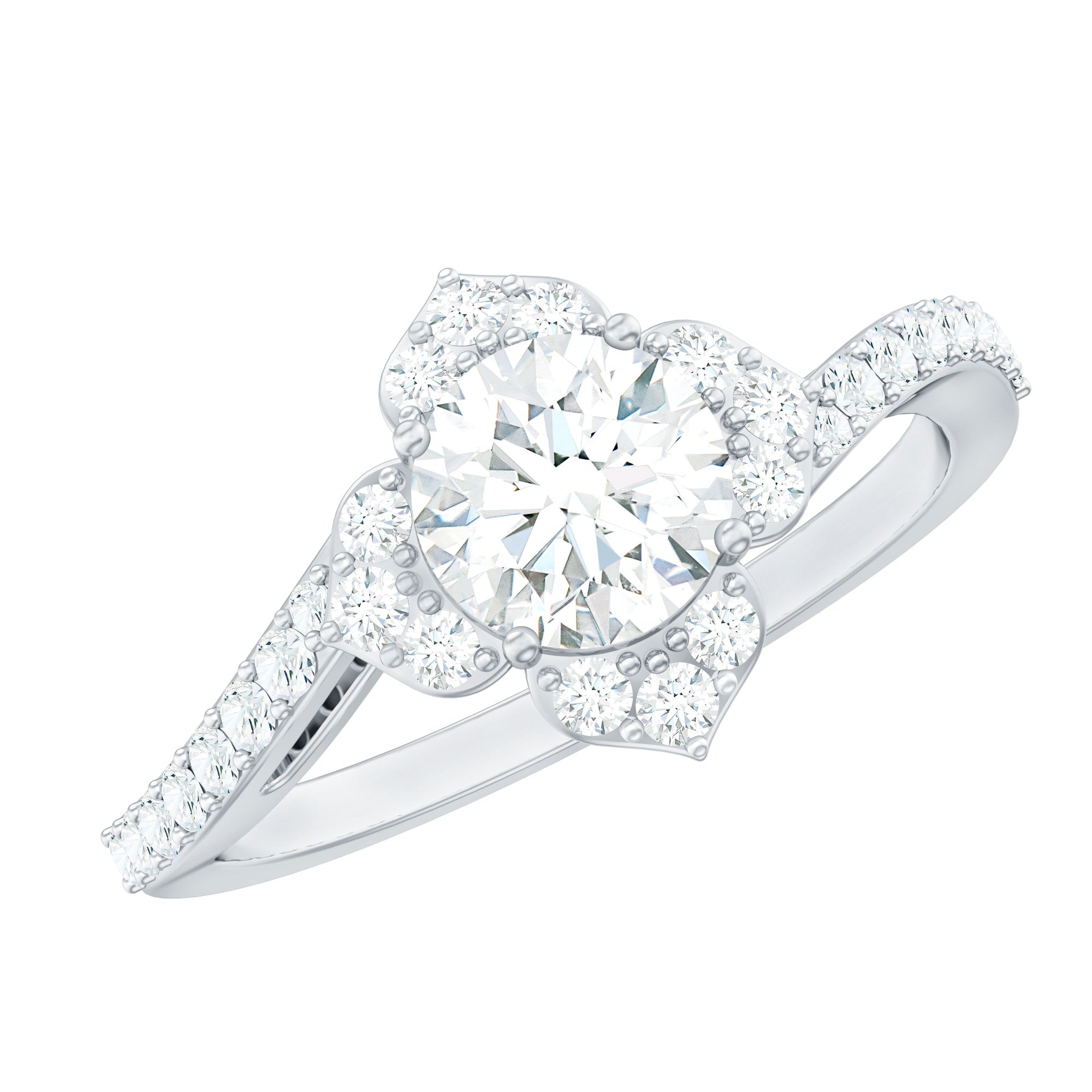 0.9 Carat Round Zircon Flower Engagement Ring in Bypass Shank