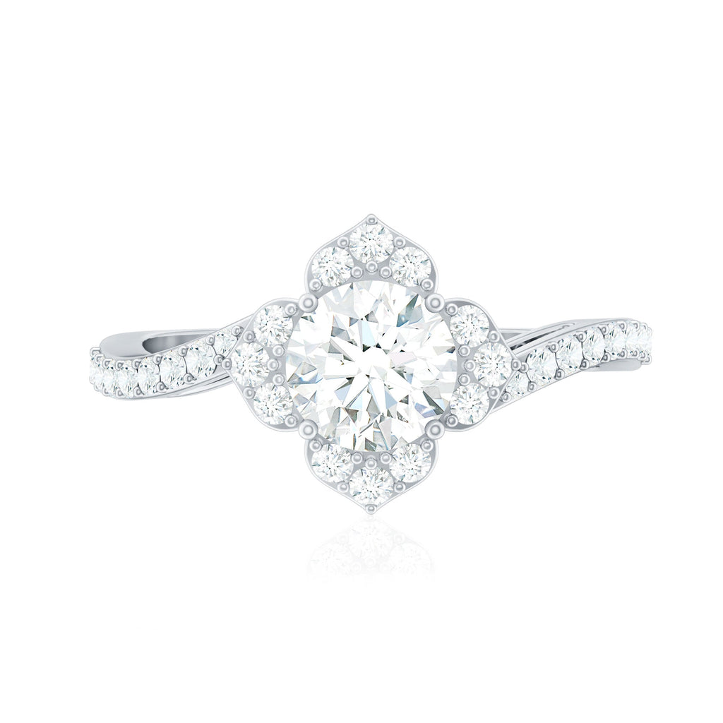 0.9 Carat Round Zircon Flower Engagement Ring in Bypass Shank