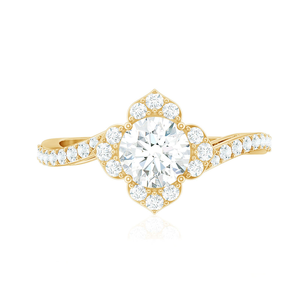 0.9 Carat Round Zircon Flower Engagement Ring in Bypass Shank