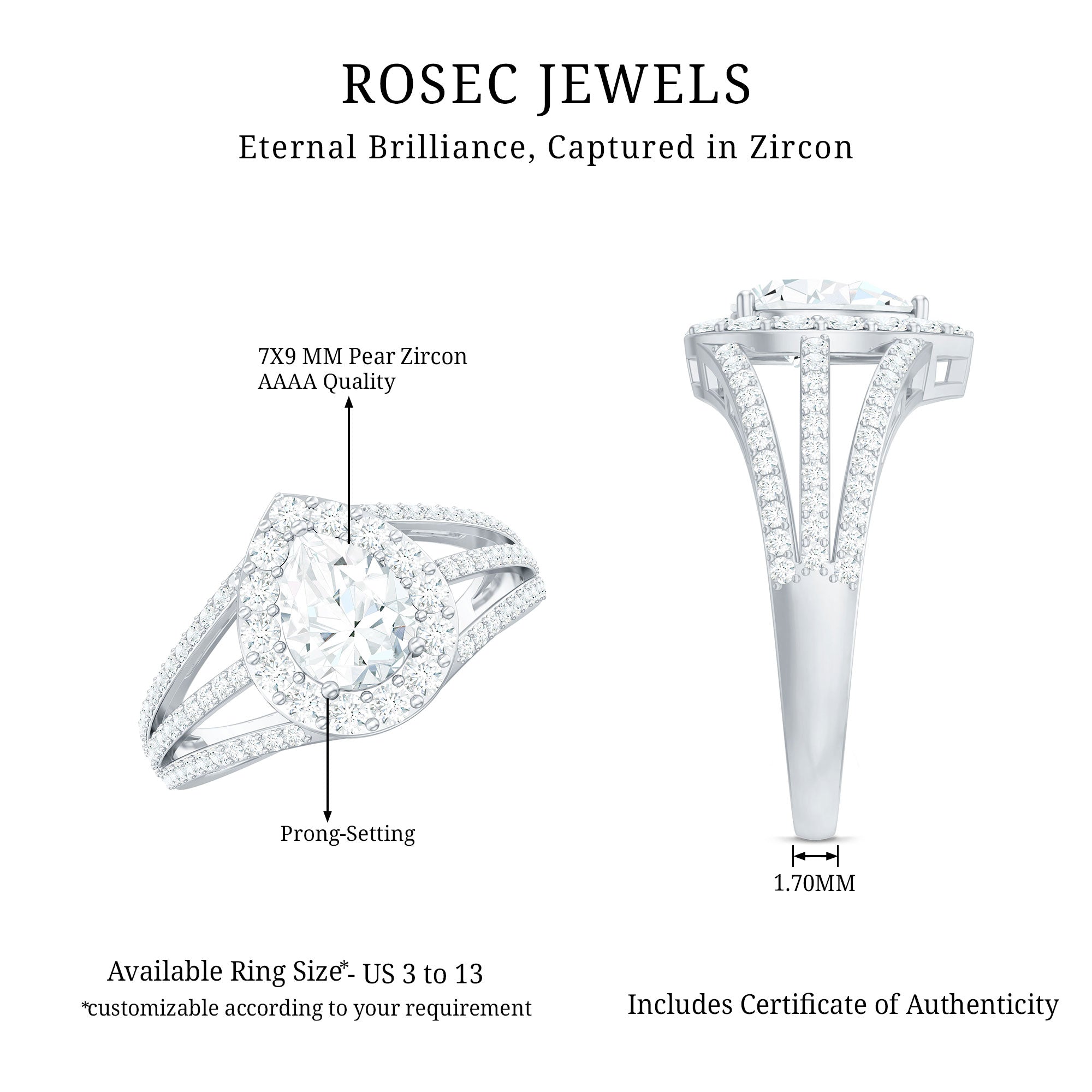 Pear Shaped Cubic Zirconia Split Shank Engagement Ring for Women