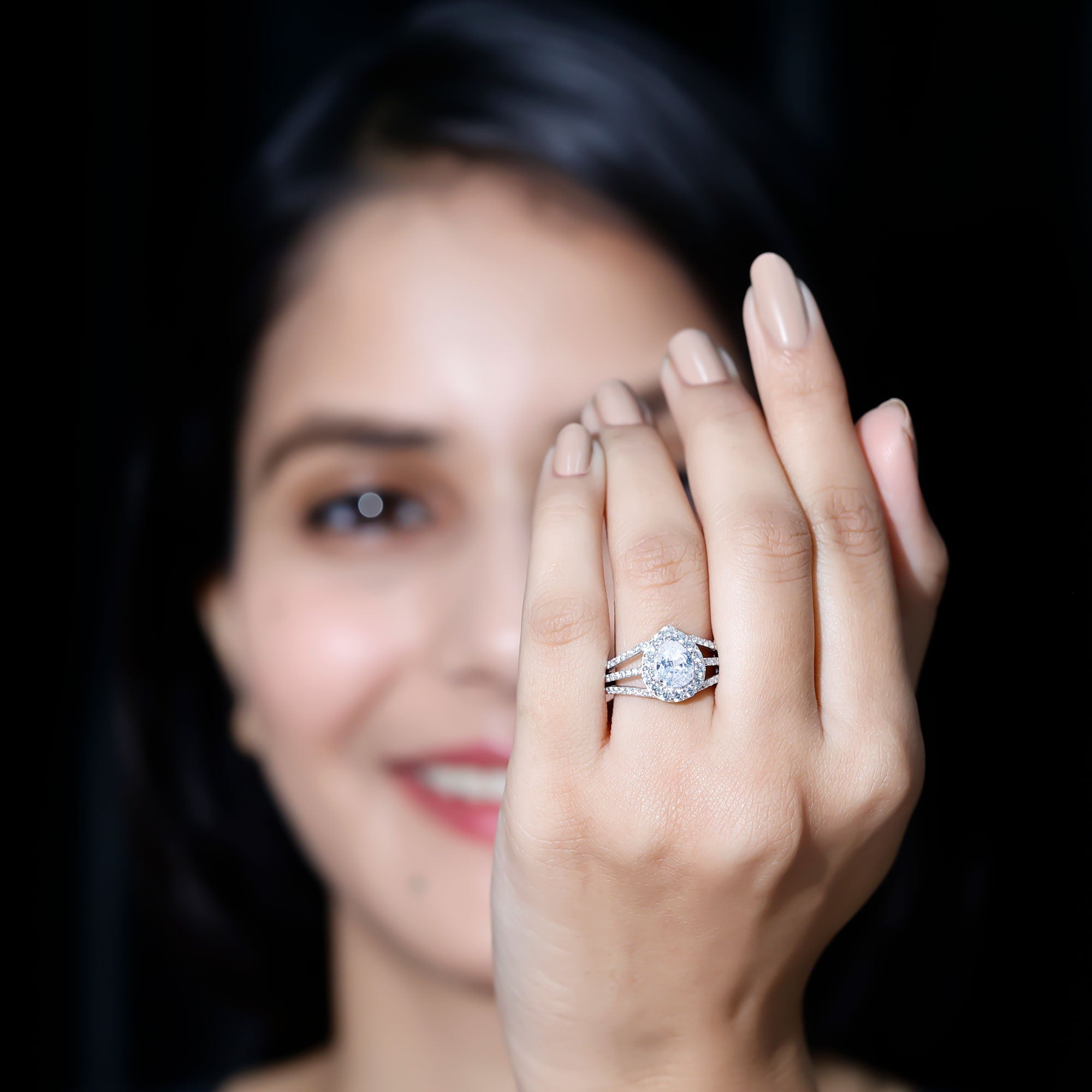 Pear Shaped Cubic Zirconia Split Shank Engagement Ring for Women