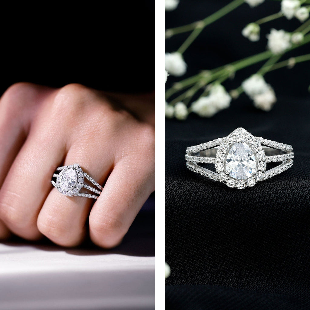 Pear Shaped Cubic Zirconia Split Shank Engagement Ring for Women