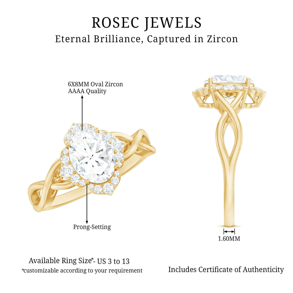 1.2 Carat Oval Cubic Zirconia Flower Engagement Ring in Crossover Shank