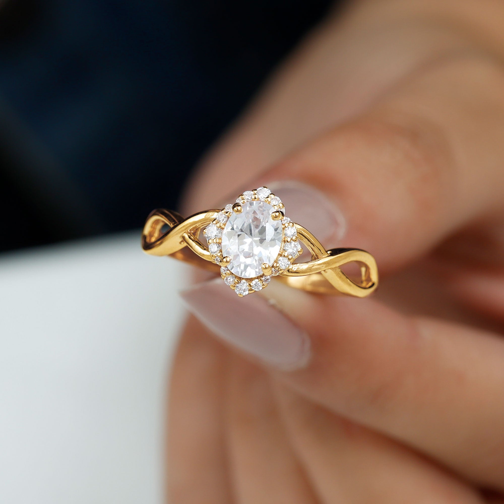 1.2 Carat Oval Cubic Zirconia Flower Engagement Ring in Crossover Shank