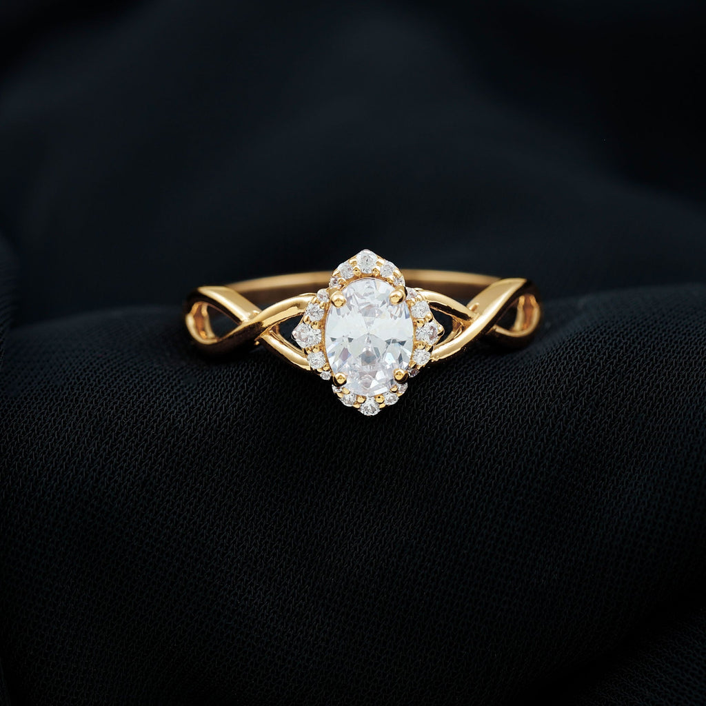 1.2 Carat Oval Cubic Zirconia Flower Engagement Ring in Crossover Shank