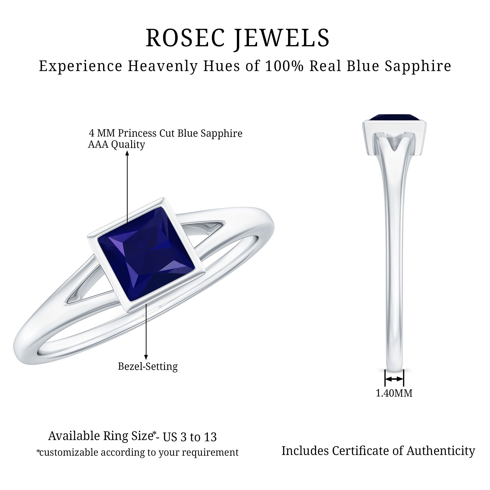 Princess Cut 4MM Blue Sapphire Solitaire Promise Ring in Split Shank