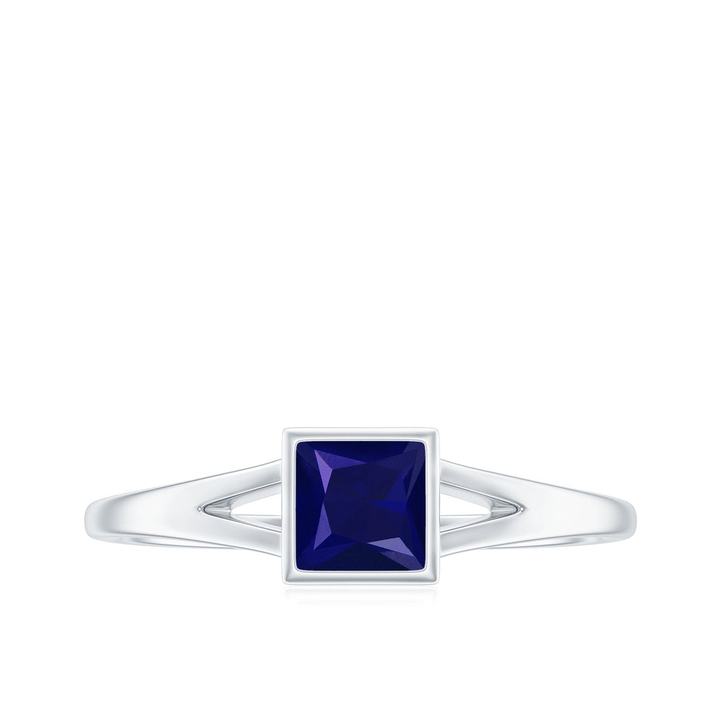 Princess Cut 4MM Blue Sapphire Solitaire Promise Ring in Split Shank