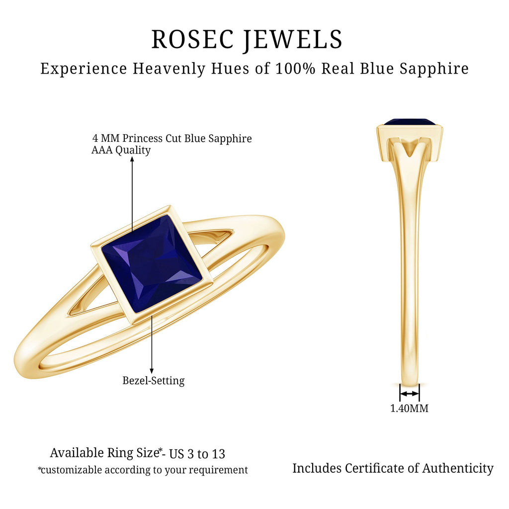 Princess Cut 4MM Blue Sapphire Solitaire Promise Ring in Split Shank