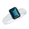 6X8mm Emerald Cut London Blue Topaz Side Stone Engagement Ring with Diamond