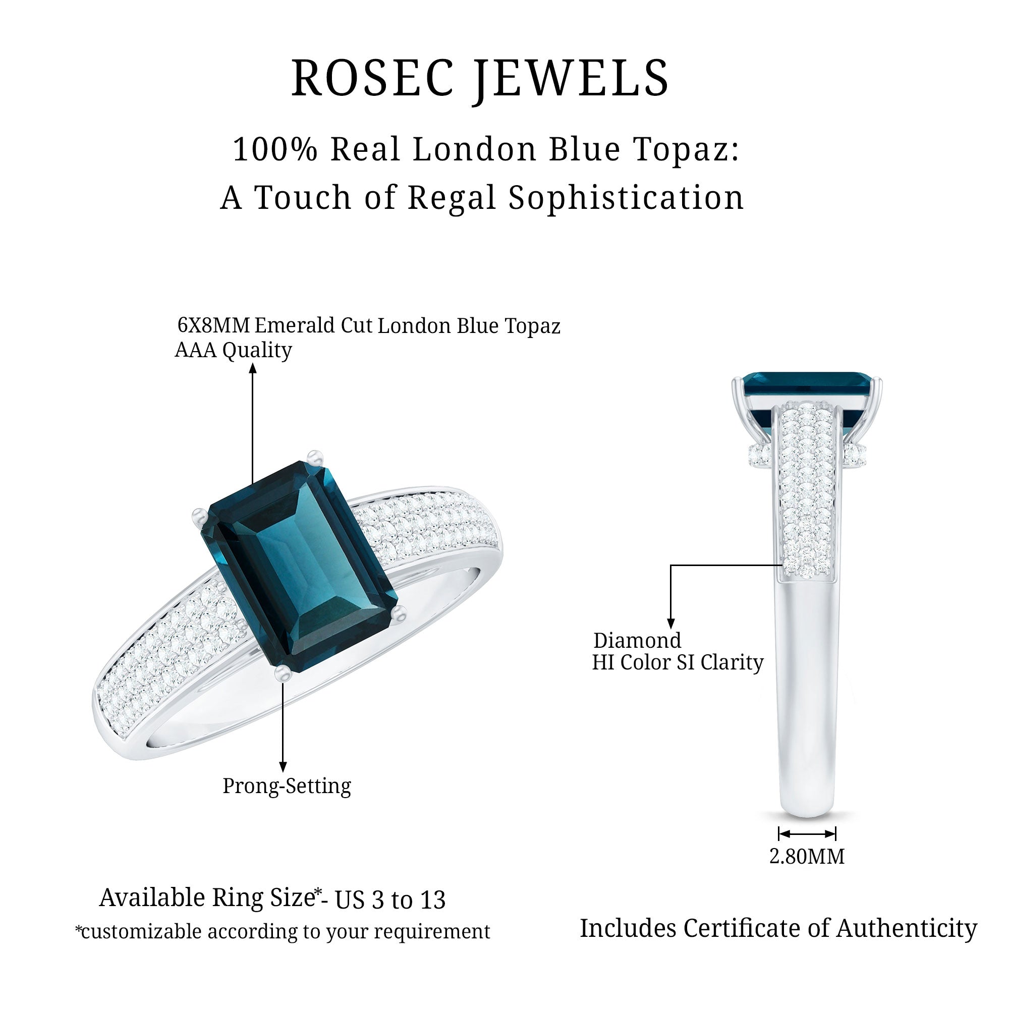 6X8mm Emerald Cut London Blue Topaz Side Stone Engagement Ring with Diamond