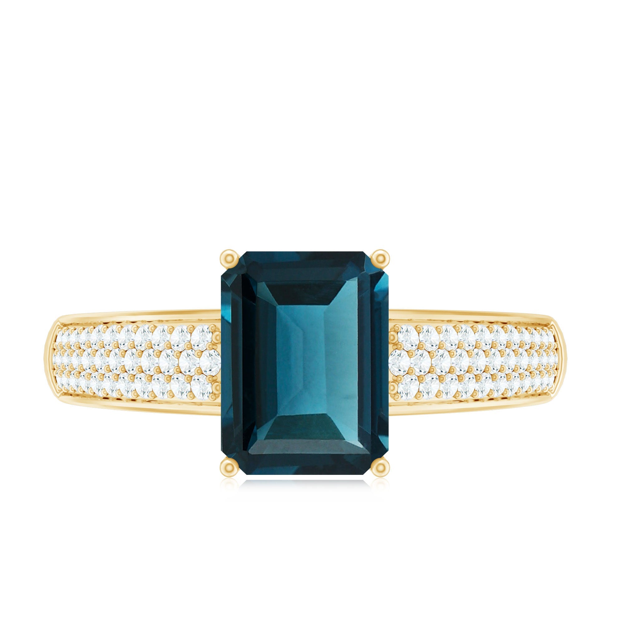 6X8mm Emerald Cut London Blue Topaz Side Stone Engagement Ring with Diamond