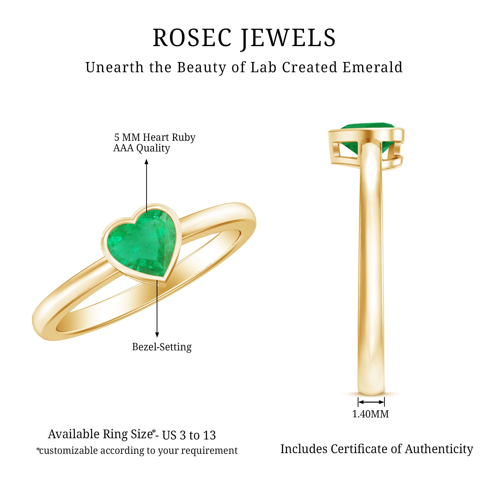 Real Emerald Heart Solitaire Ring in Bezel Setting